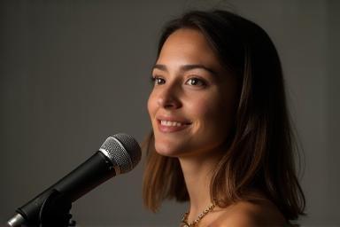 Person speaking confidently into a studio microphone